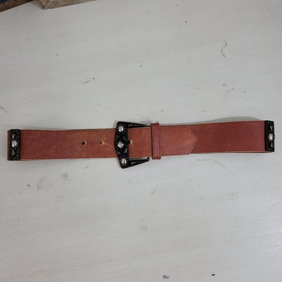 Studded Belt Womens Medium Brown Leather Sepia Tan Western Boho Embellished - Picture 4 of 10